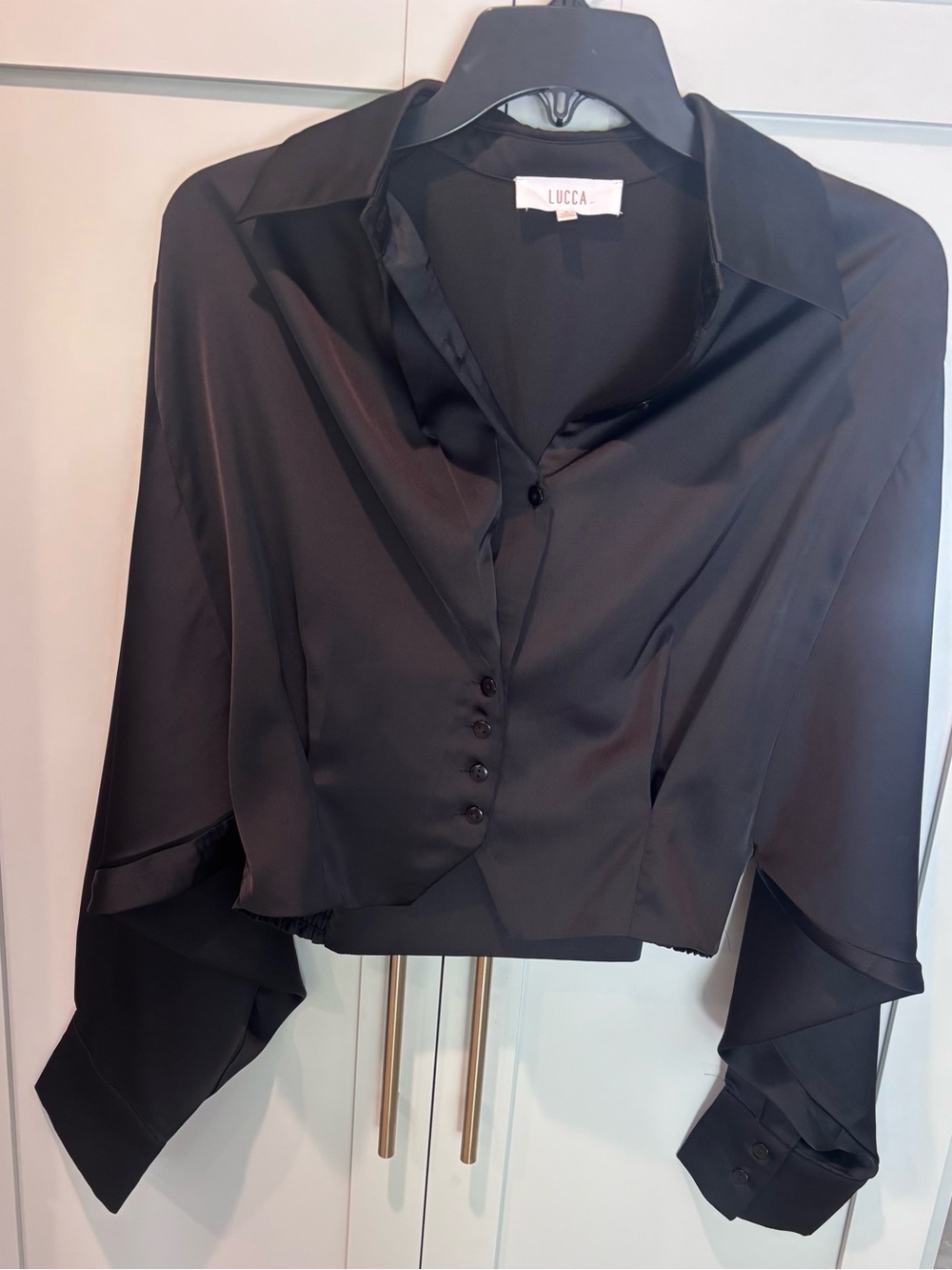 LUCCA Black Satin Button-Front Cropped Shirt